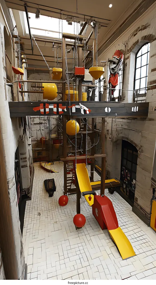 Indoor Playground With Yellow And Red Play Equipment