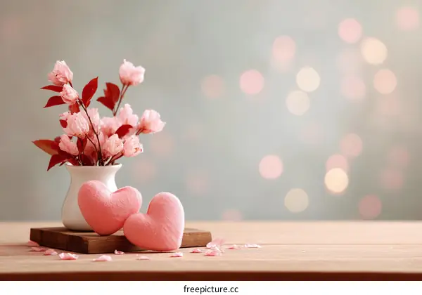 Romantic Pink Flowers and Hearts on Wooden Table