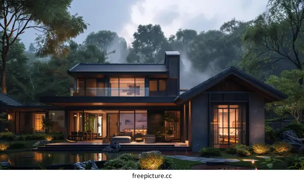 Modern Asian Style House Exterior at Dusk