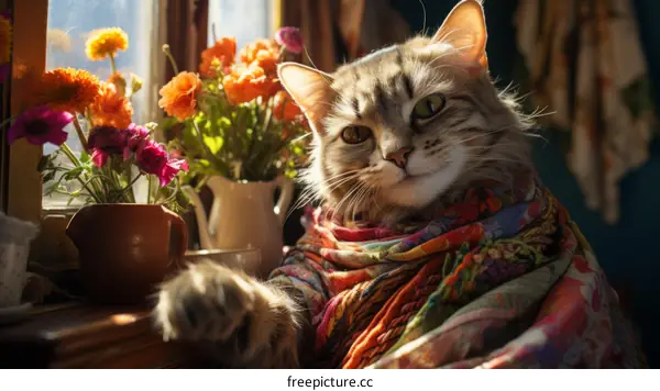 A cute cat wearing a scarf is sitting in front of a window.