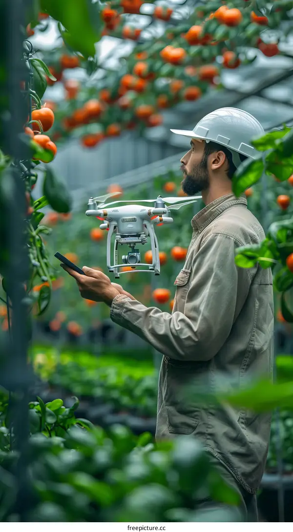 Caucasian male farmer in greenhouse with tablet and drone