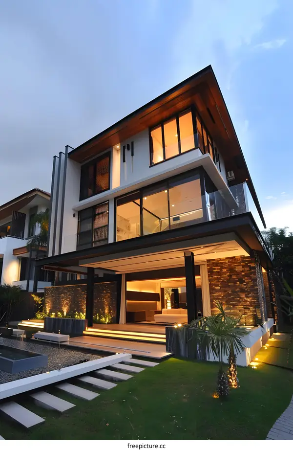 Modern House with Stone Wall and Swimming Pool