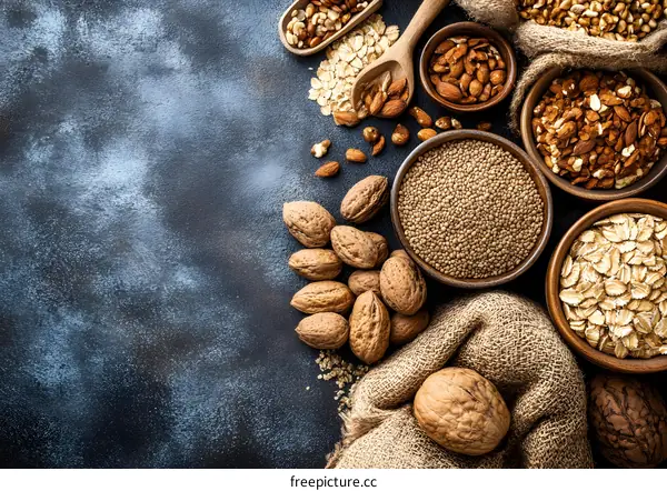 Close Up Of Various Nuts And Seeds On A Dark Background