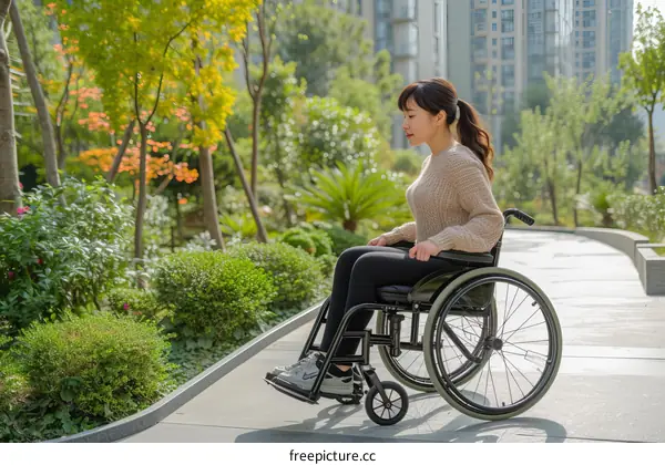 A young woman in a wheelchair is sitting on a ramp in a park.