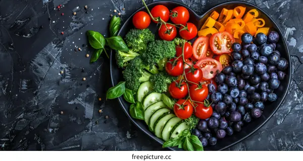 Vibrant Variety of Fruits and Vegetables in Heart-Shaped Bowl