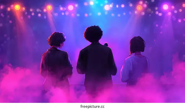 Concert Stage Night Scene with Three People