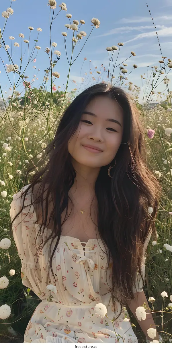 Smiling Woman in a Floral Dress Standing in a Field of Flowers
