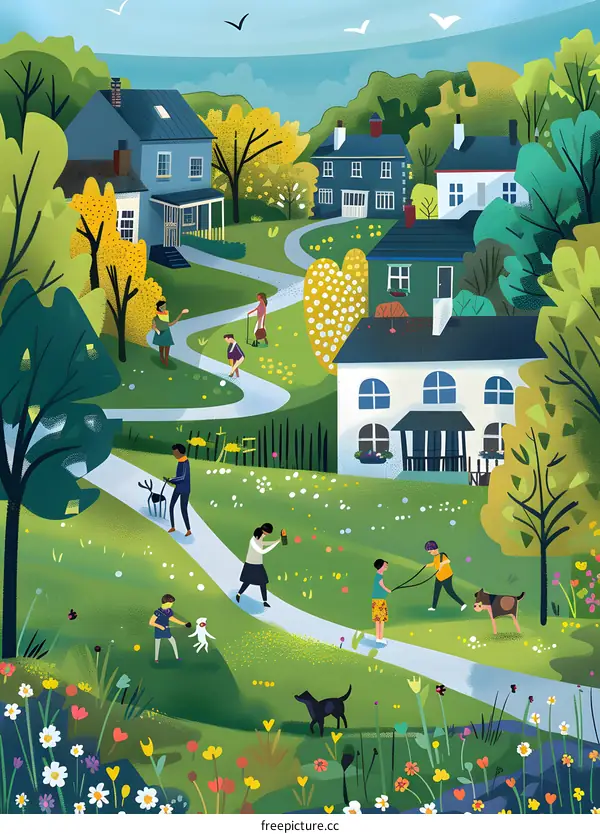 Happy Family Neighborhood Illustration