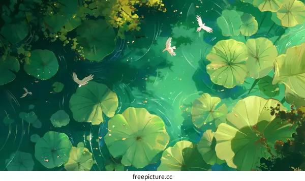 Green leaves and white birds in the pond