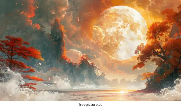 Fantasy Landscape With Large Moon And Orange Trees