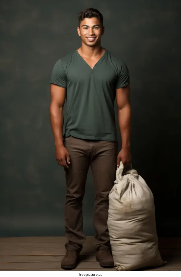Studio portrait of a young man holding a burlap sack