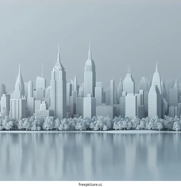 Grayscale 3D City Skyline with River and Trees