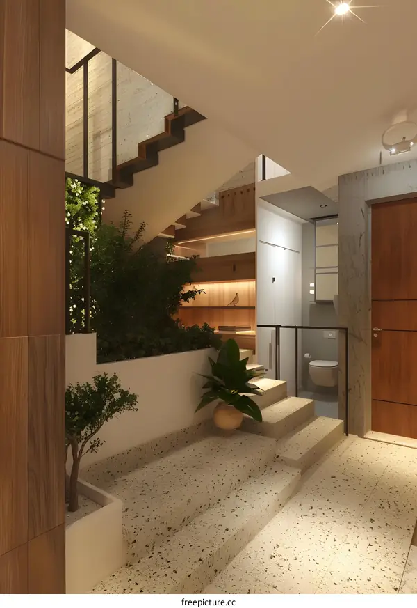 Modern Minimalist Home Interior Design With Staircase And Plants
