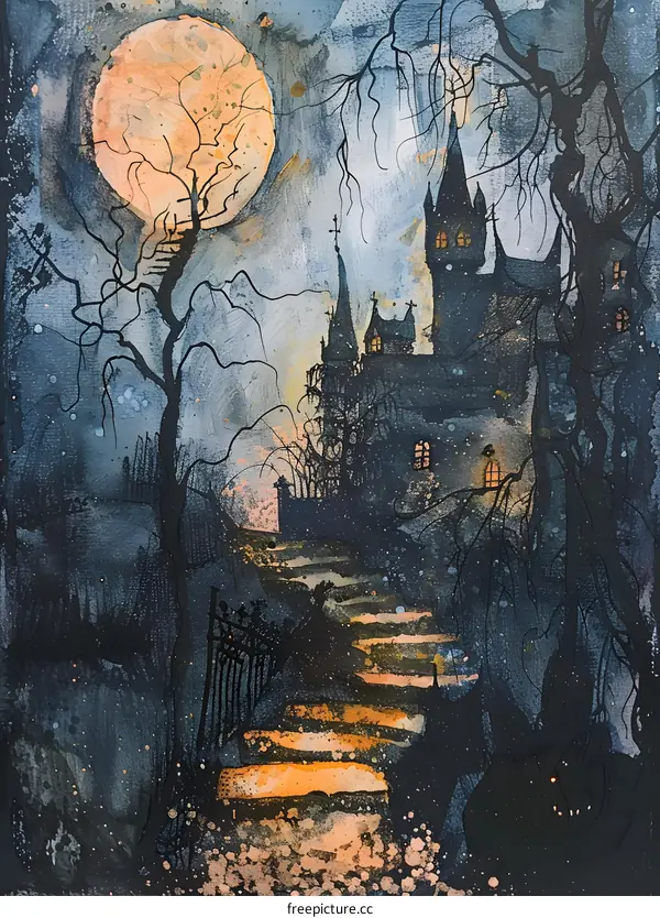 Spooky Watercolor Painting Of A Haunted House With A Full Moon