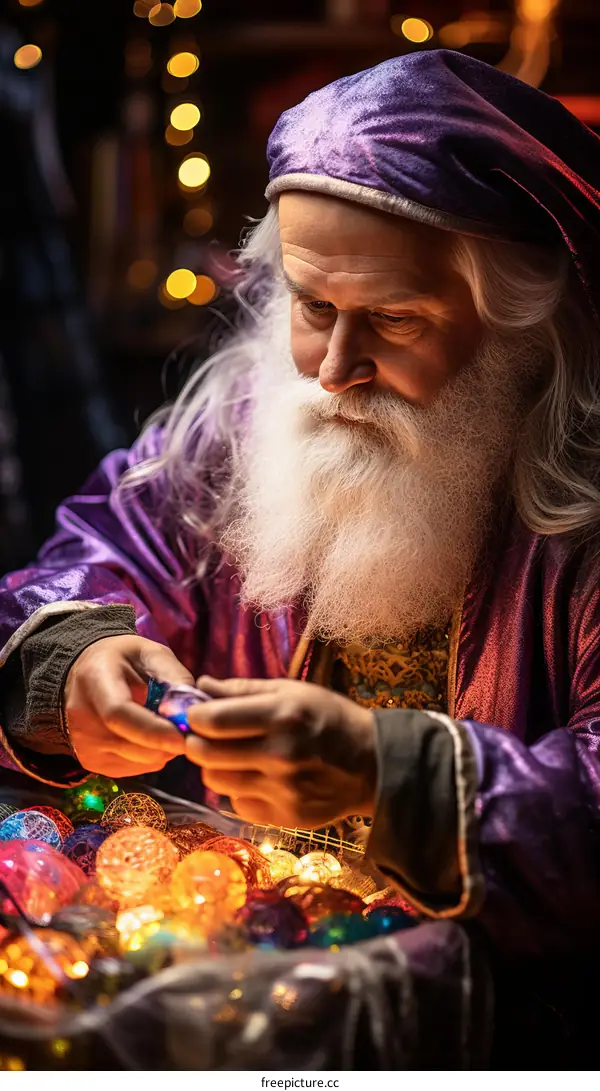 A wizard is carefully examining a magical crystal ball in his workshop.