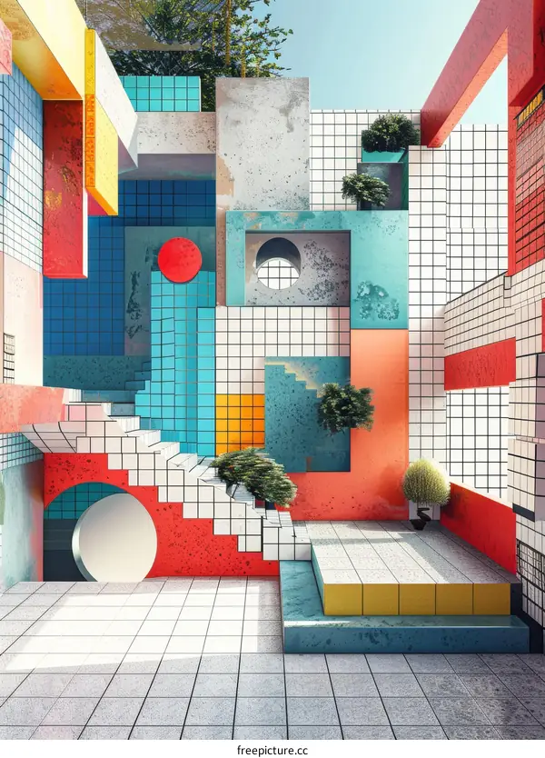 Abstract Architectural Space with Colorful Geometric Shapes