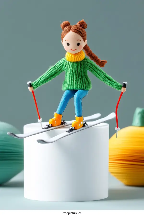 Cute Miniature Skier Figure on White Display