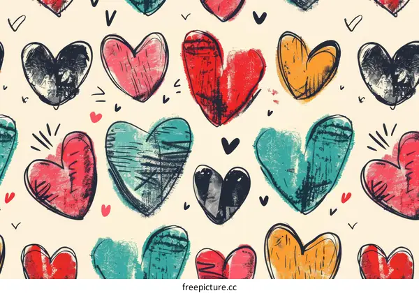 Colorful seamless pattern with hand drawn hearts