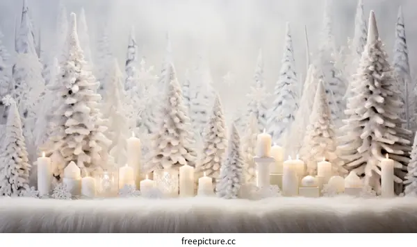 A beautiful winter scene with snow-covered trees and candles.