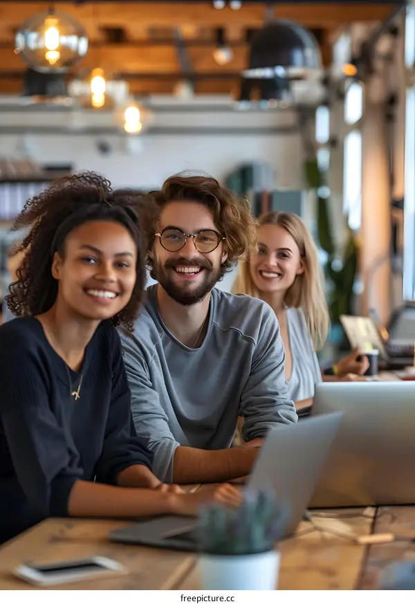 Three young professionals smiling and looking at the camera