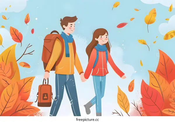 Autumn Couple Walking Hand in Hand in a Forest Illustration