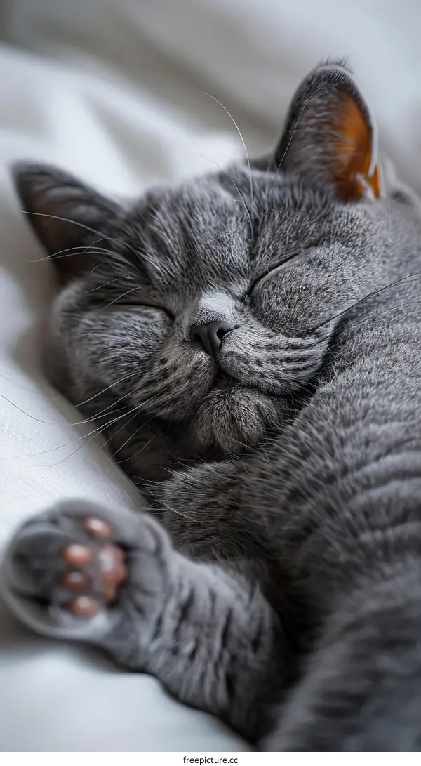 A gray cat is sleeping on a white blanket