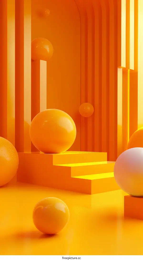 3D rendering of orange spheres on a podium in an orange environment