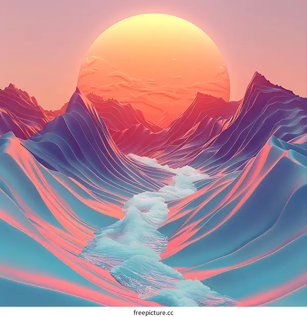 Abstract Mountain Landscape with Sunset and River