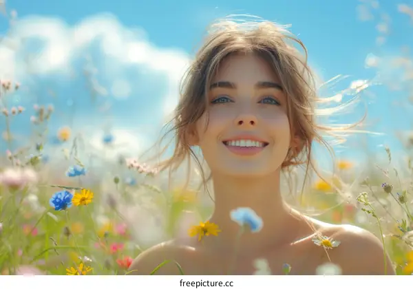 Portrait of a beautiful young woman smiling in a field of flowers