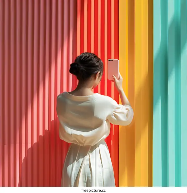 Woman in White Dress Taking a Selfie in Front of Colorful Wall