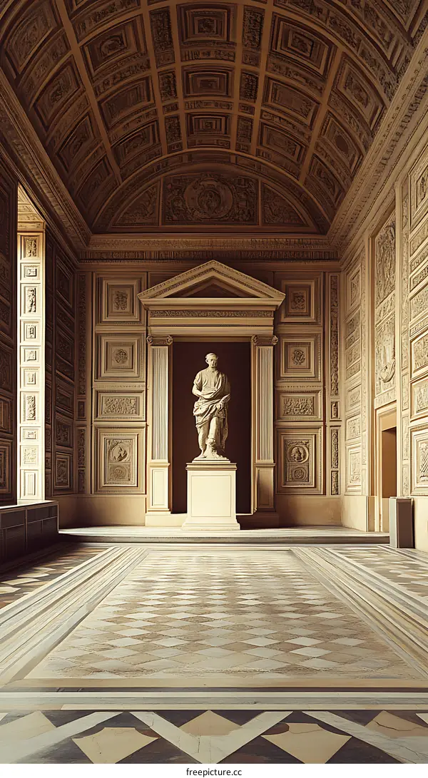 Marble Statue in a Grand Hall with Ornate Ceilings