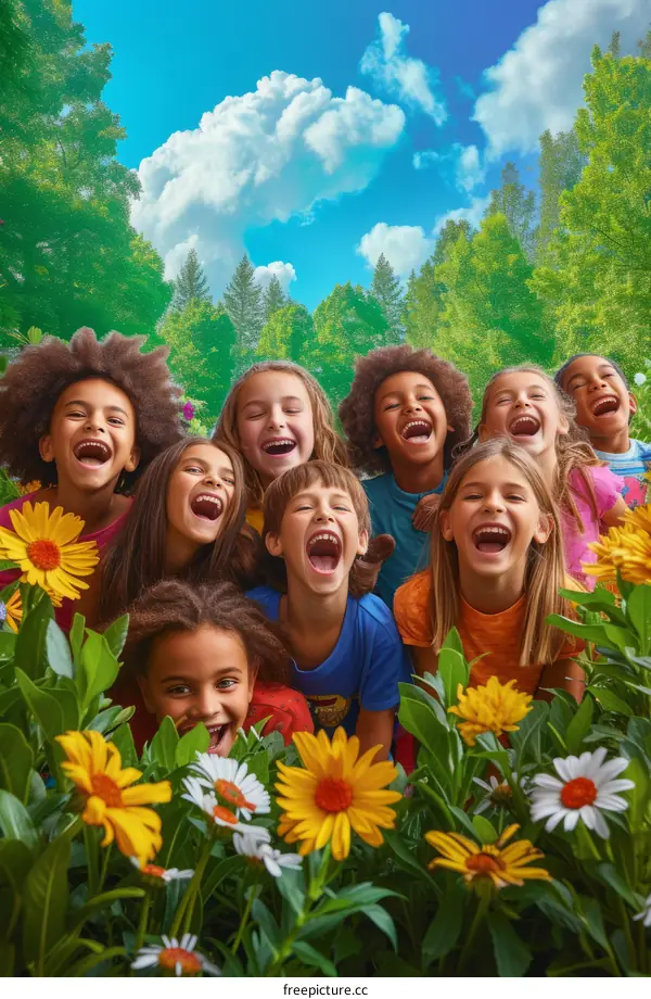 A group of diverse children are laughing and playing in a field of flowers.