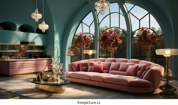 Modern Pink Sofa in Blue Living Room with Large Windows