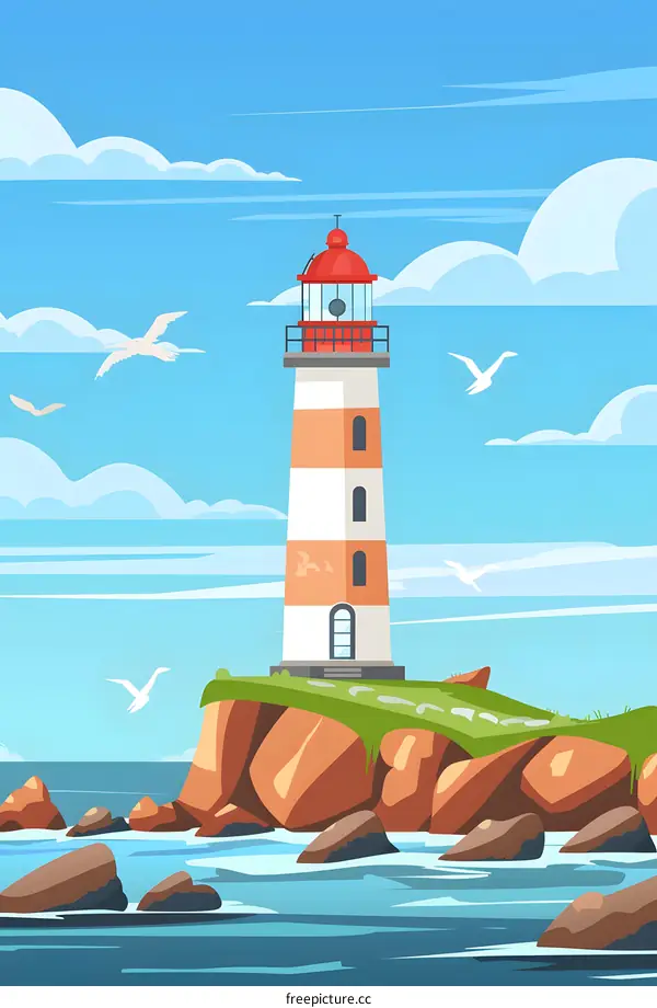 Lighthouse on Cliff with Seagulls Flying in the Sky