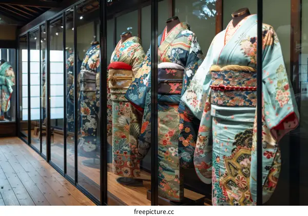 A variety of colorful kimono on display in a museum