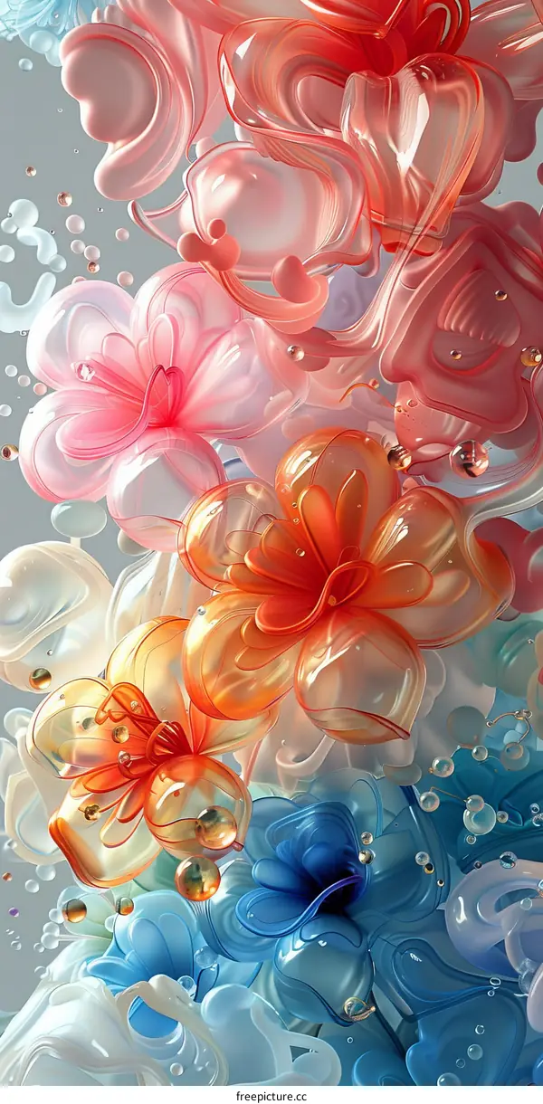 Colorful 3D flowers with water droplets