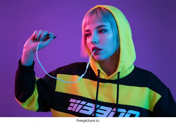 Young woman wearing yellow and black hoodie holding earphone wire