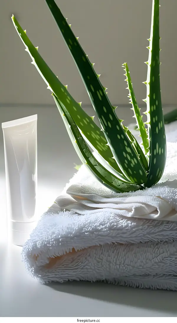 Aloe Vera Plant with White Towel and Cream Tube