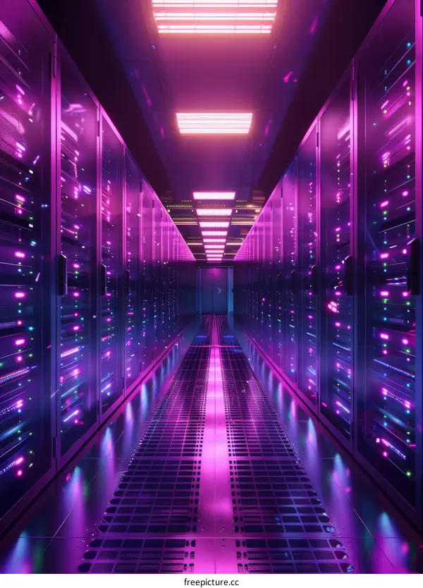 Server room with purple neon lights