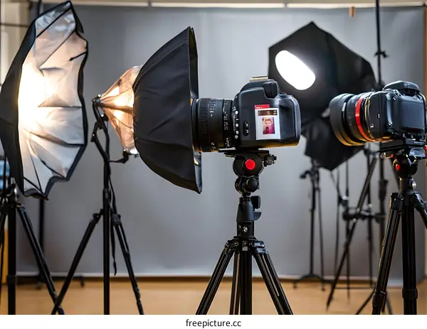 Studio Photography Setup with Cameras and Lighting Equipment
