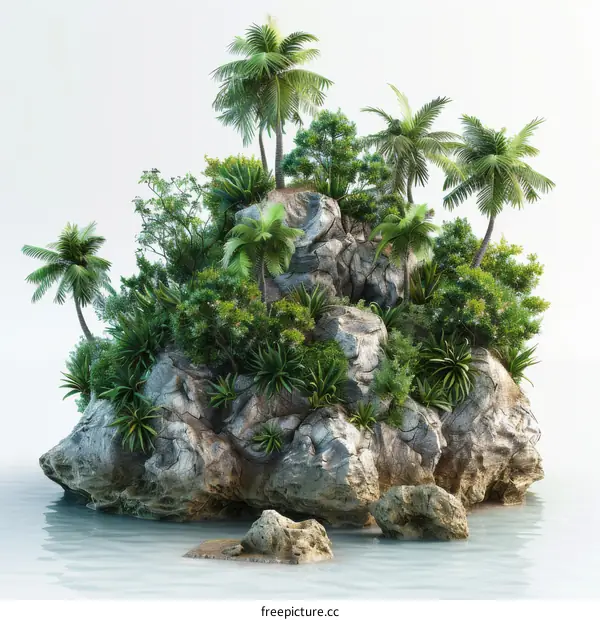 Tropical Island with Palm Trees and Lush Vegetation