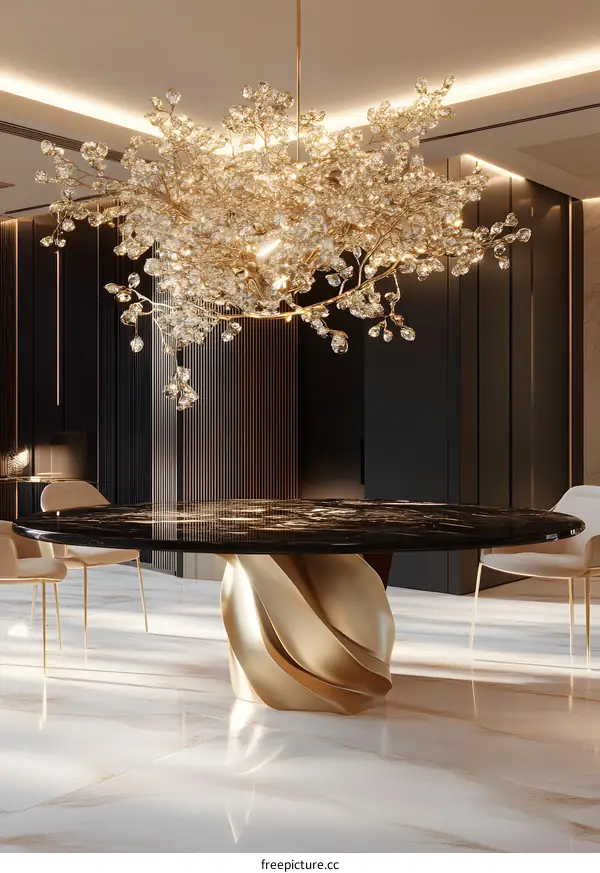 Modern Interior Design with a Crystal Chandelier and Unique Table