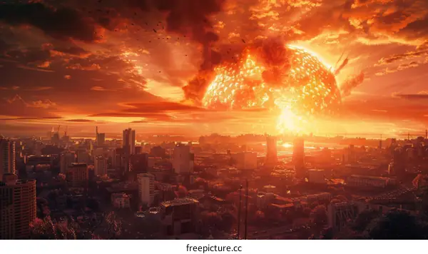 A large fireball rises over a city during a nuclear explosion