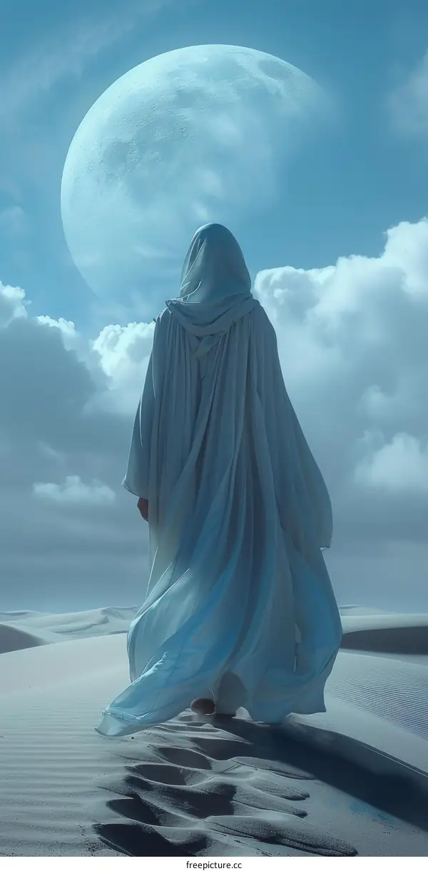 A figure in a white cloak stands in the desert and looks at the moon