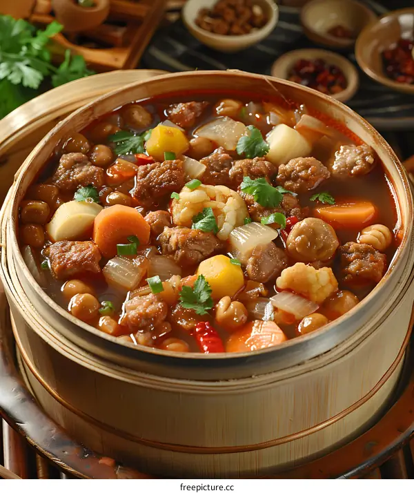 Stew with Vegetables and Meat in a Wooden Steamer