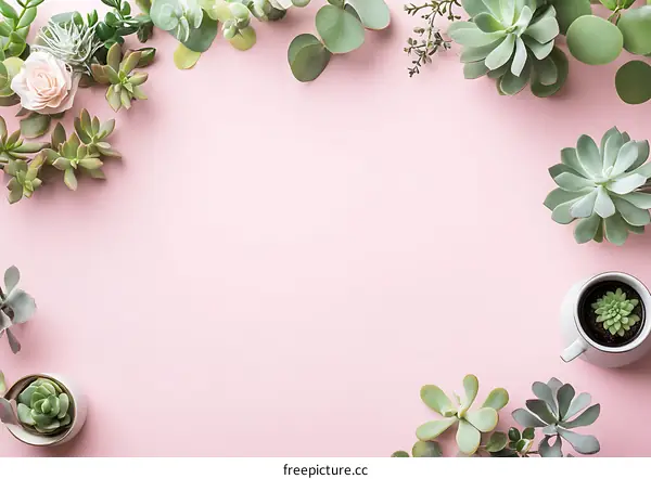 Pink Background with Green Succulents and Eucalyptus