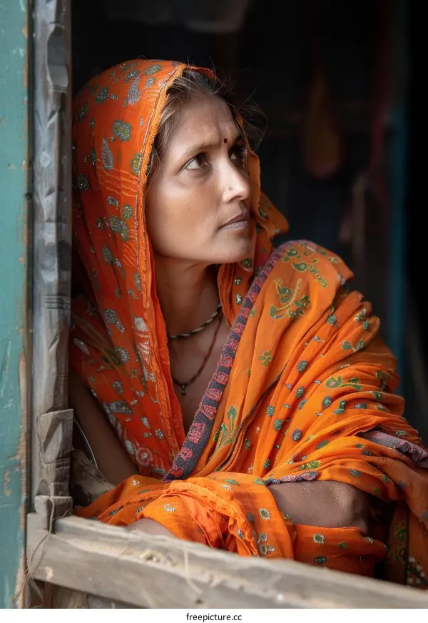 Indian Woman in Traditional Orange Sari Portrait