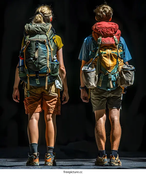 Hikers with backpacks standing on a dark background
