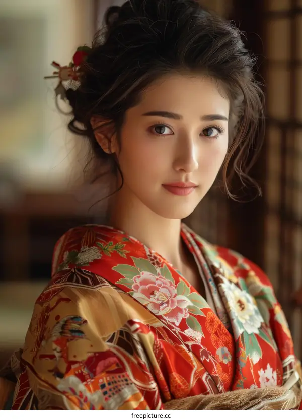 Portrait of a beautiful Asian woman in traditional Japanese kimono