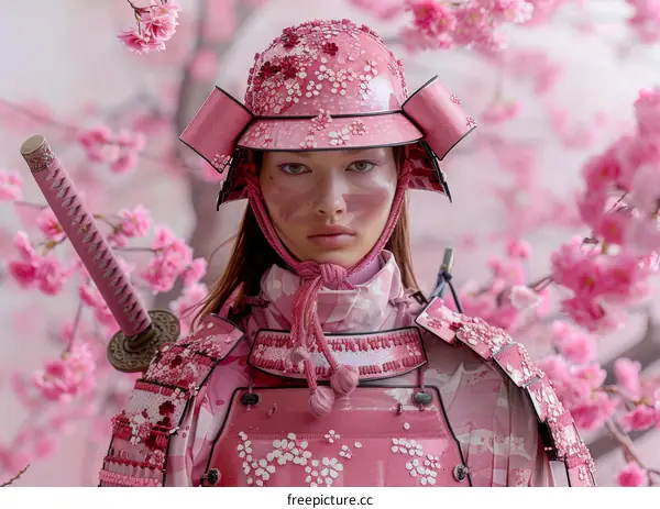 Pink Samurai Warrior Amidst Cherry Blossoms